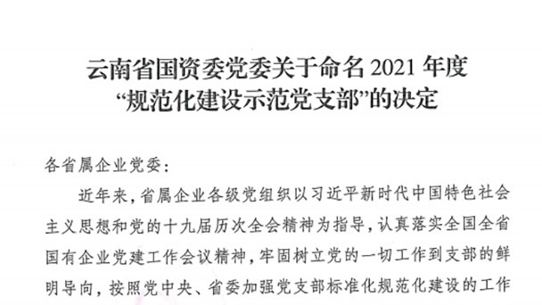 热烈祝贺！云煤（鸿运国际）集团所属2个党支部被命名为省国资委2021年度“规范化建设树模党支部”